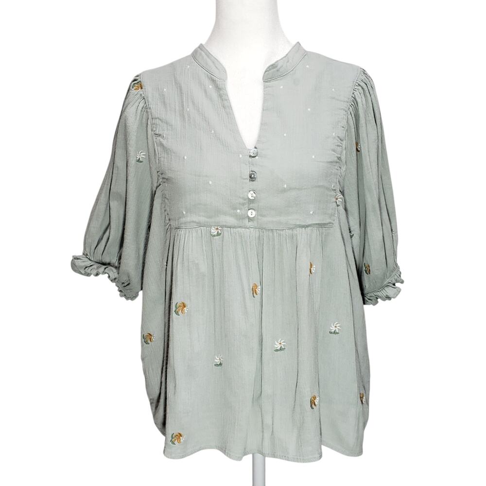 In Loom Dusty Aqua Embroidered Blouse M • Balloon Sleeve Boho Peasant Top